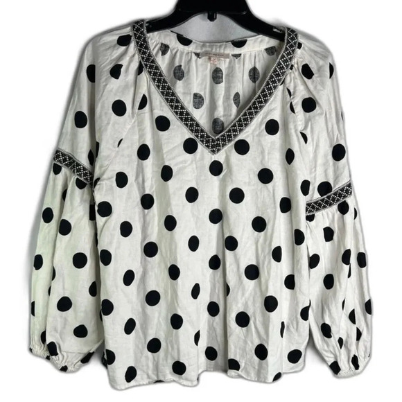 Skies are Blue Linen Blend Vneck White Black Polka Dot Blouse Size Medium - Picture 1 of 8